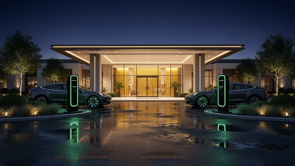 Ingreso de hotel de noche con dos tótems de carga para autos eléctricos y vehículos enchufados en la playa de estacionamiento.