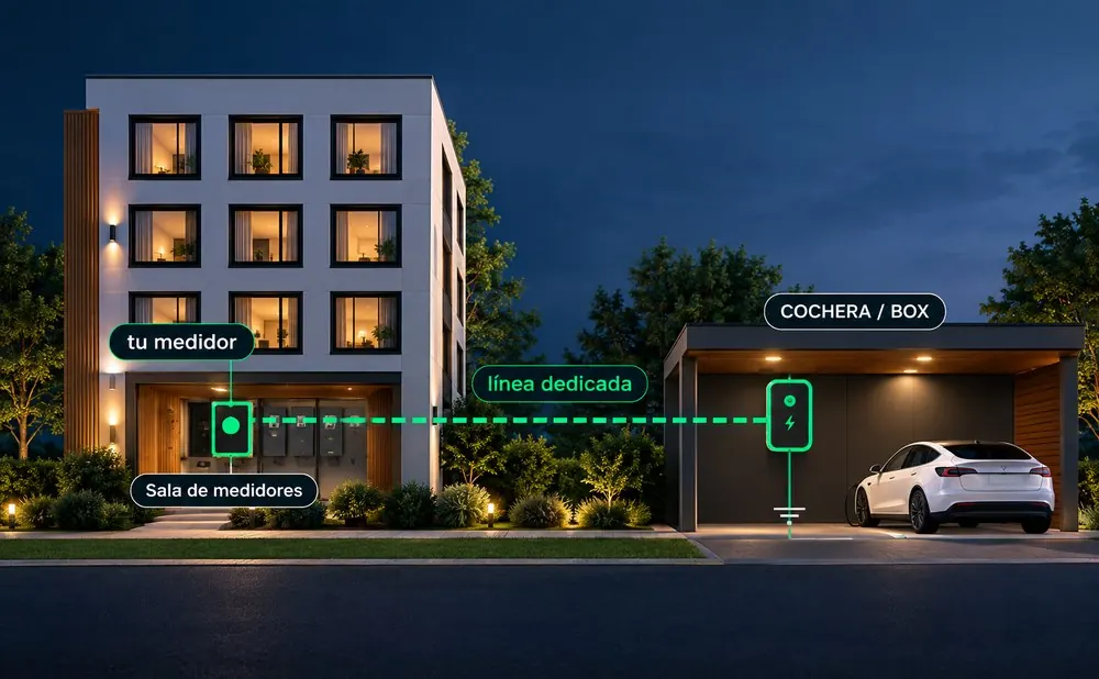 Edificio con la sala de medidores, la línea dedicada y la cochera donde carga el auto eléctrico