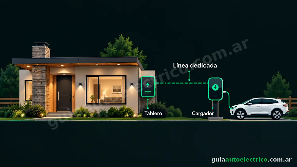 Instalación de cargador para auto eléctrico en una casa: el tablero alimenta una línea dedicada hasta el cargador donde carga el auto, en CABA y GBA.