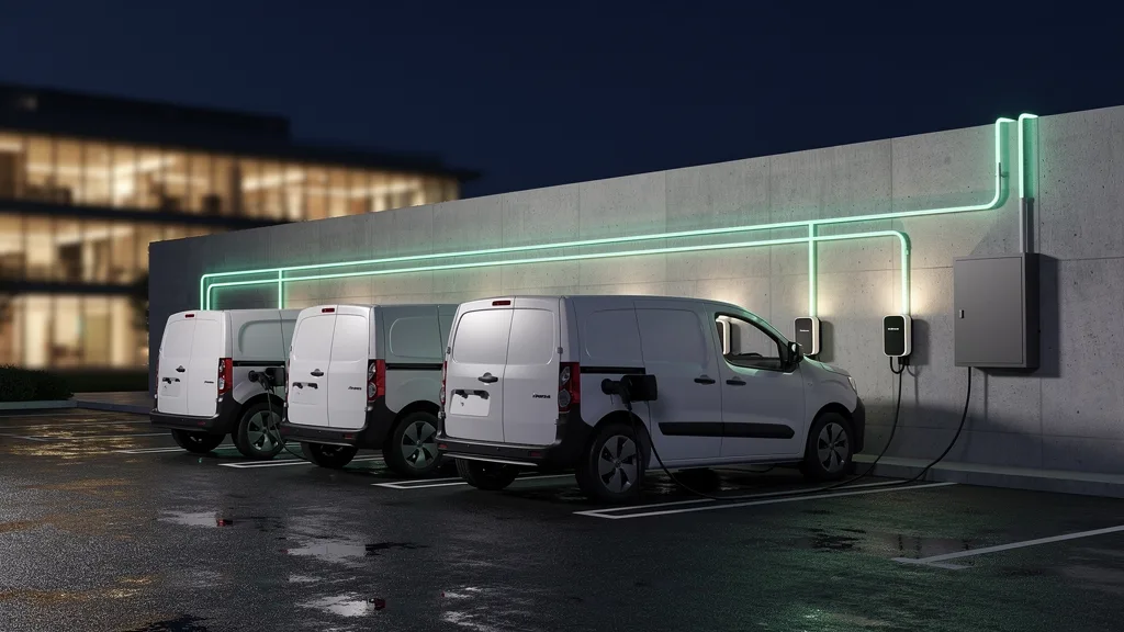 Flota de utilitarios eléctricos blancos cargando de noche en el estacionamiento de una empresa, con cargadores de pared y tablero dedicado sobre la pared de hormigón.